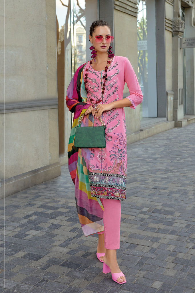 Pink Cotton Embroidered Festive Wear Salwar Suit