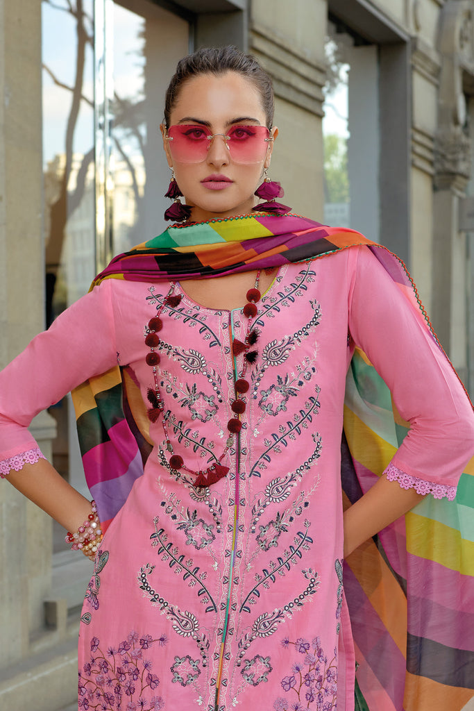 Pink Cotton Embroidered Festive Wear Salwar Suit