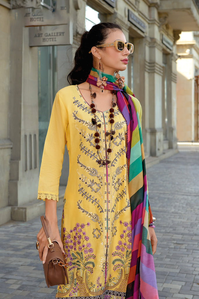 Yellow Cotton Embroidered Festive Wear Salwar Suit