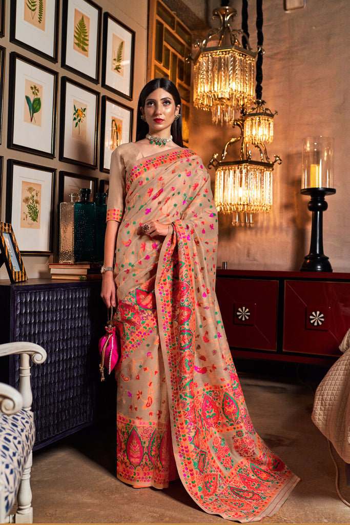 Brandy Rose Pure Modal Silk With Kashmiri Thread Woven Saree