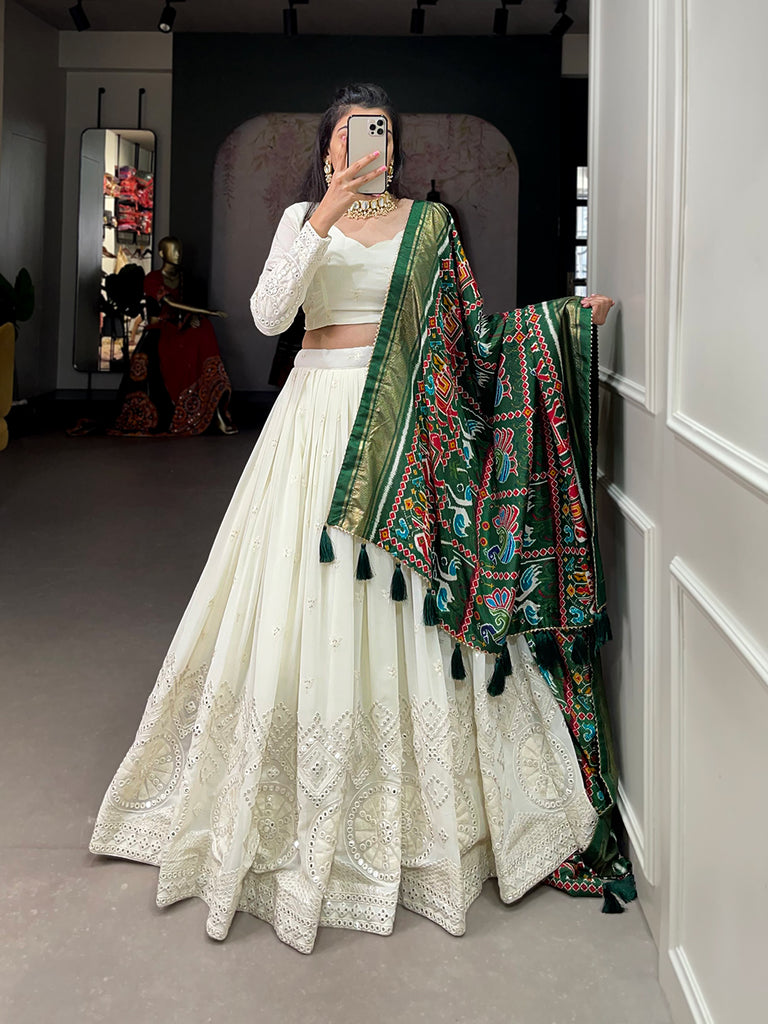 White Lucknavi Foil Mirrorwork Georgette With Green Bandhni Dupatta Lehenga Choli