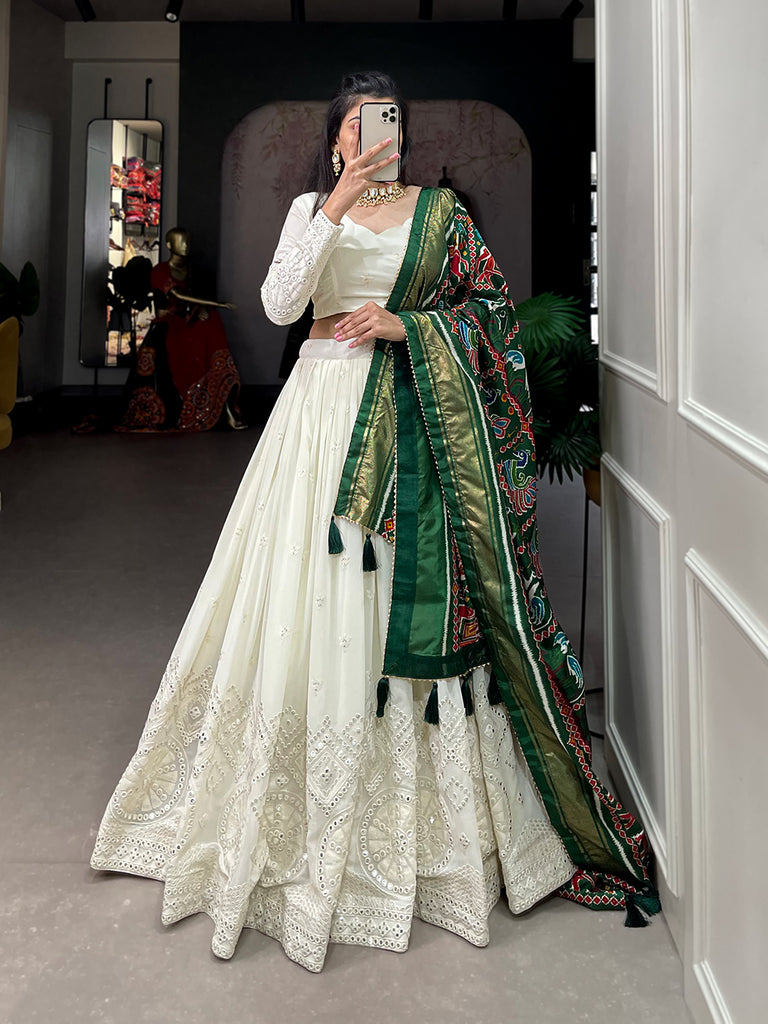 White Lucknavi Foil Mirrorwork Georgette With Green Bandhni Dupatta Lehenga Choli