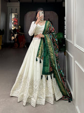 Load image into Gallery viewer, White Lucknavi Foil Mirrorwork Georgette With Green Bandhni Dupatta Lehenga Choli