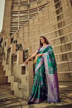 Load image into Gallery viewer, Green Floral Woven Satin Saree With Tassels