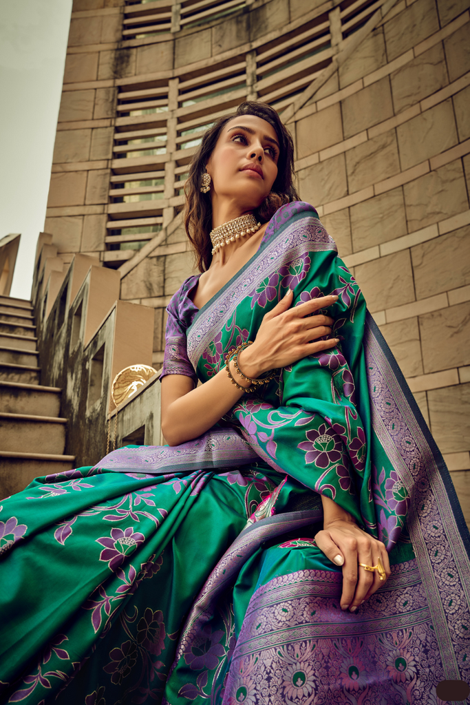 Green Floral Woven Satin Saree With Tassels