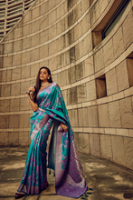 Load image into Gallery viewer, Green Floral Woven Satin Saree With Tassels