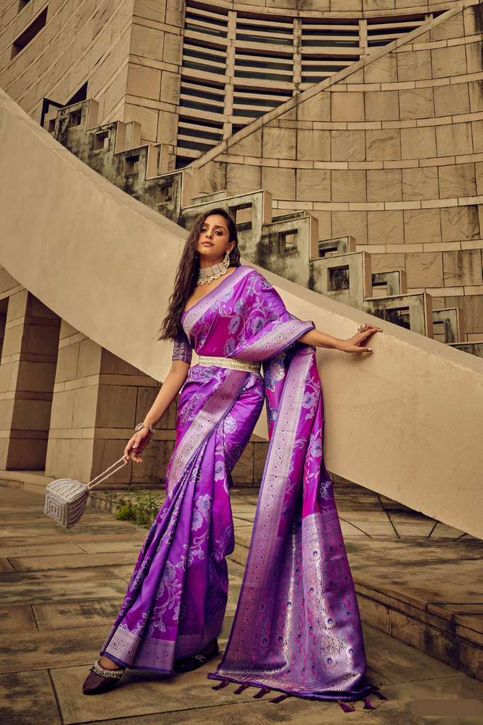 Purple Floral Woven Satin Saree With Tassels