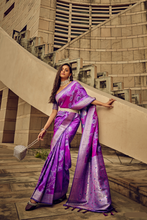 Load image into Gallery viewer, Purple Floral Woven Satin Saree With Tassels
