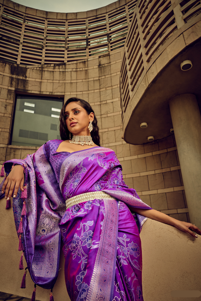 Purple Floral Woven Satin Saree With Tassels