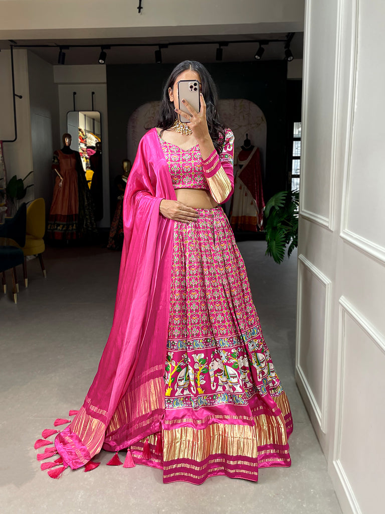 Pink Bandhani Pure Gaji Silk Lehenga Digital Print With Lagadi patta