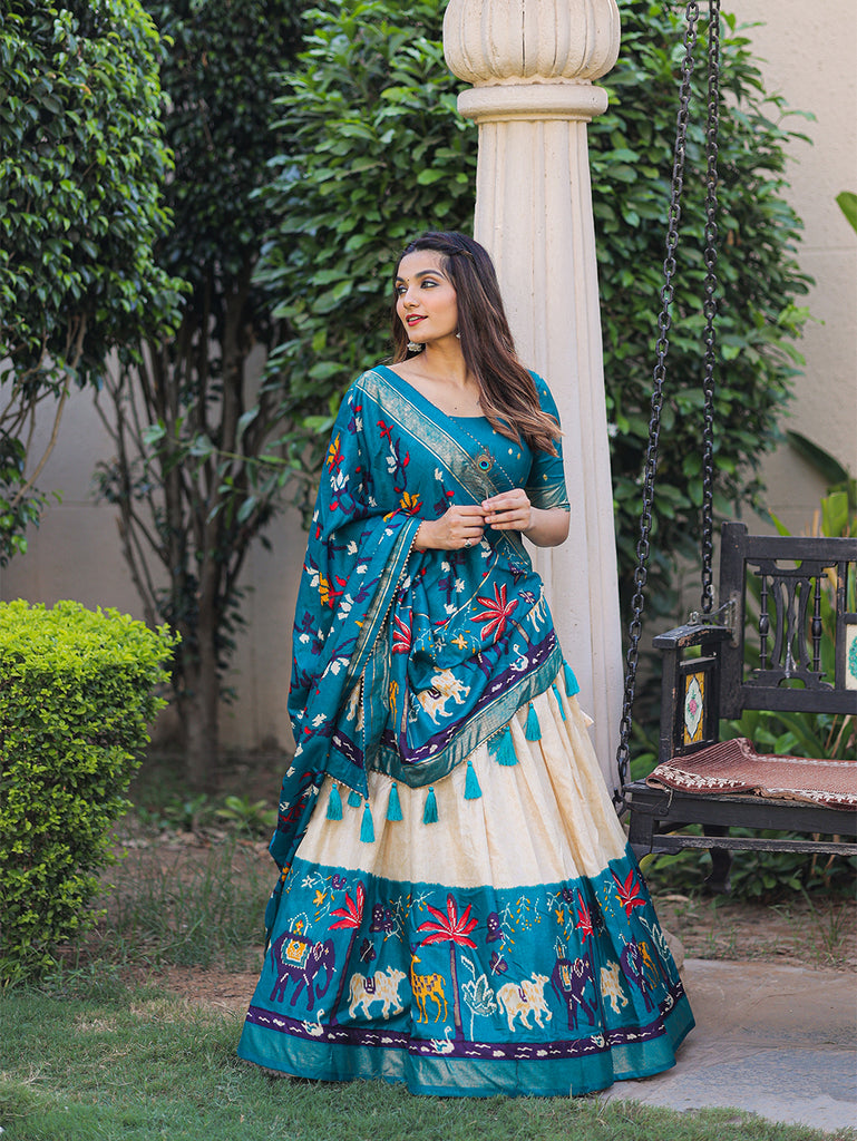 Firozi Dola Silk Lehenga Choli With Floral Silk Dupatta