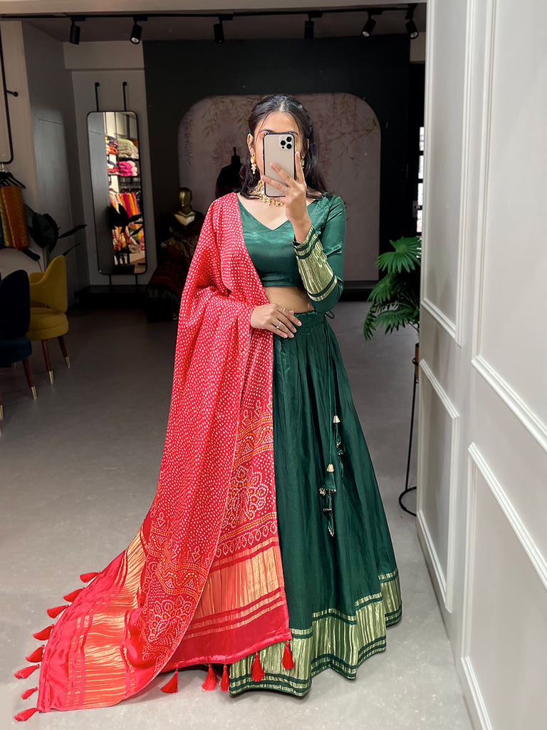 Green Cotton Lehenga Choli With Bandhej Patola Pure Gaji Silk Duppata