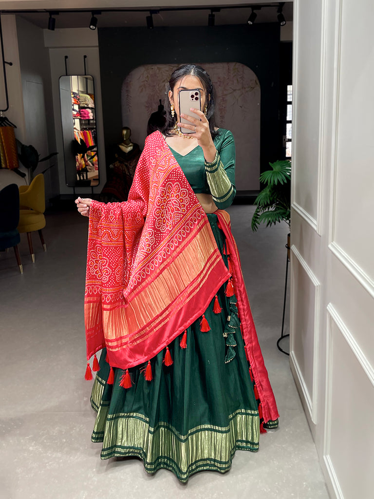 Green Cotton Lehenga Choli With Bandhej Patola Pure Gaji Silk Duppata