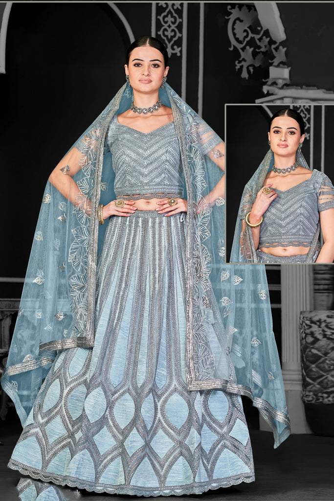 Net Light Blue Embroidered Panelled Lehenga