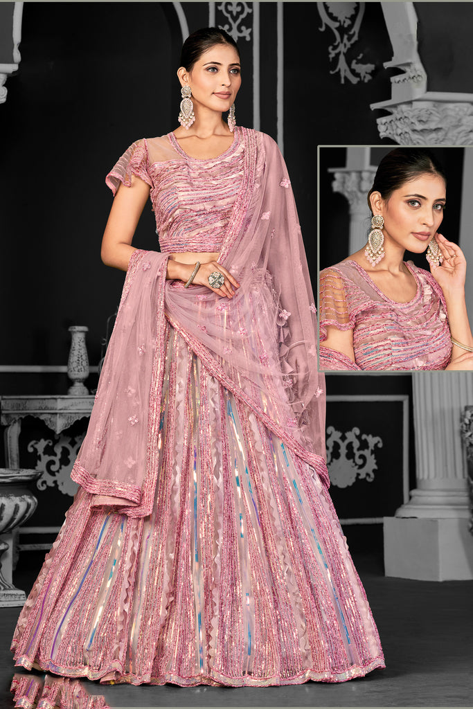 Net Sequence Pink Embroidered Flared Lehenga