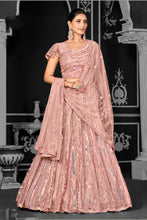 Load image into Gallery viewer, Net Salmon Peach Embroidered Flared Lehenga