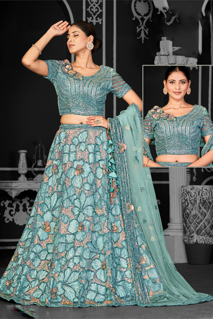 Net Powder Blue Embroidered Flared Lehenga