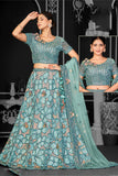 Net Powder Blue Embroidered Flared Lehenga