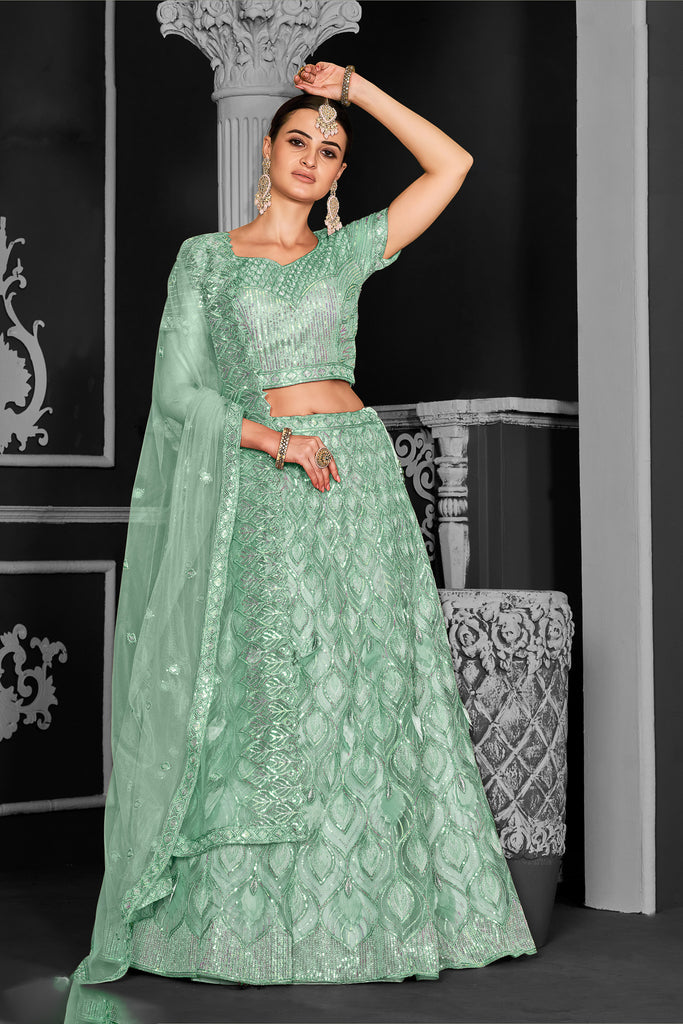 Net Seafoam Green Sequins Embroidered Panelled Lehenga