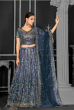 Net Dark Blue Sequins Embroidered Panelled Lehenga