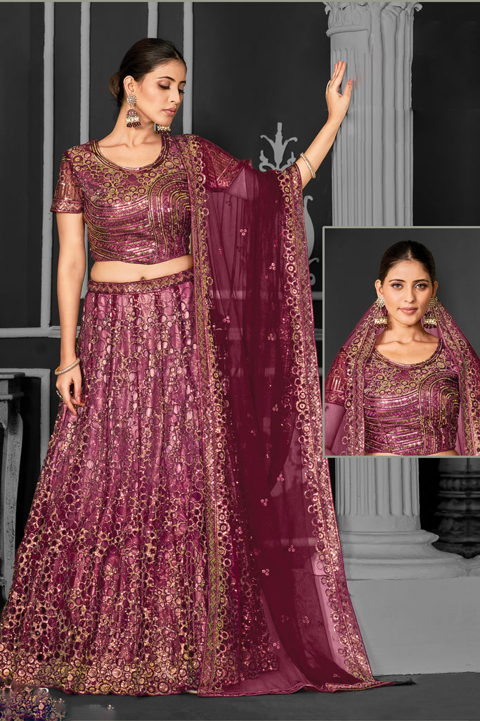 Net Mauve Red Sequins Embroidered A-line Lehenga