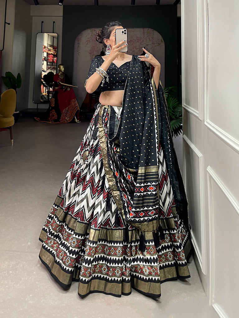 Black Leheriya Tussar Silk Patola Lehenga Choli With Duppata