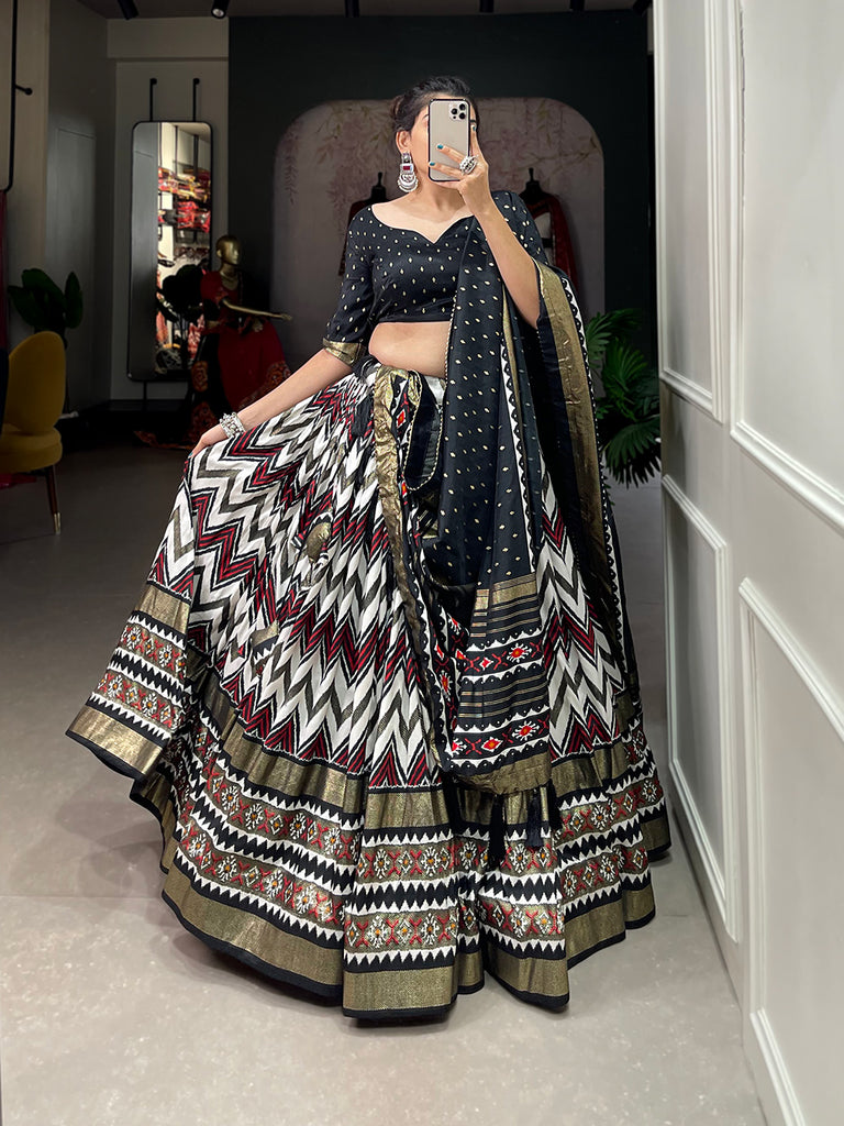 Black Leheriya Tussar Silk Patola Lehenga Choli With Duppata