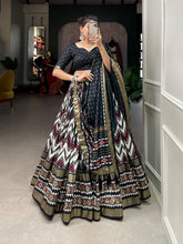 Load image into Gallery viewer, Black Leheriya Tussar Silk Patola Lehenga Choli With Duppata