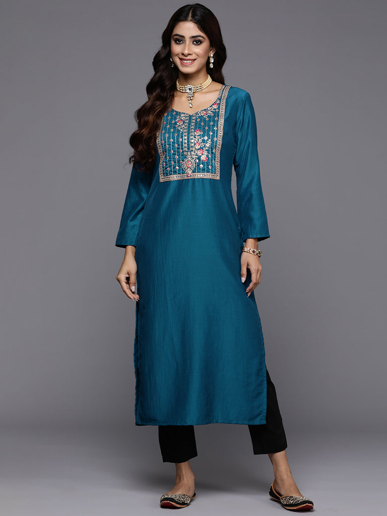 Indo Era Teal Yoke Design Straight Ethnic Kurtas - Diva D London LTD