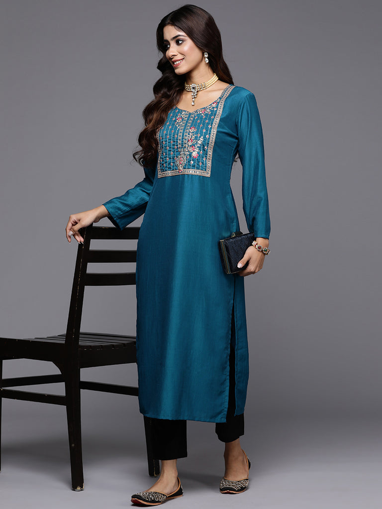 Indo Era Teal Yoke Design Straight Ethnic Kurtas - Diva D London LTD