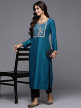 Load image into Gallery viewer, Indo Era Teal Yoke Design Straight Ethnic Kurtas - Diva D London LTD