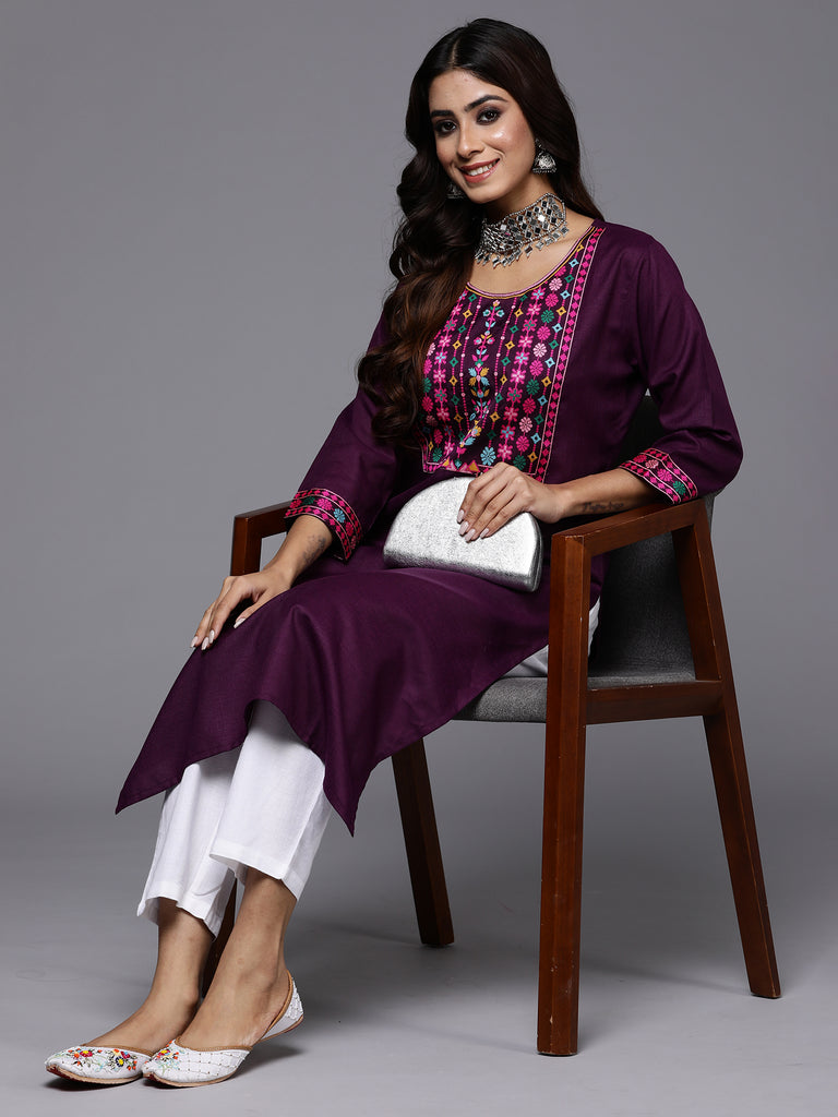 Indo Era Purple Yoke Design Straight Casual Kurtas - Diva D London LTD