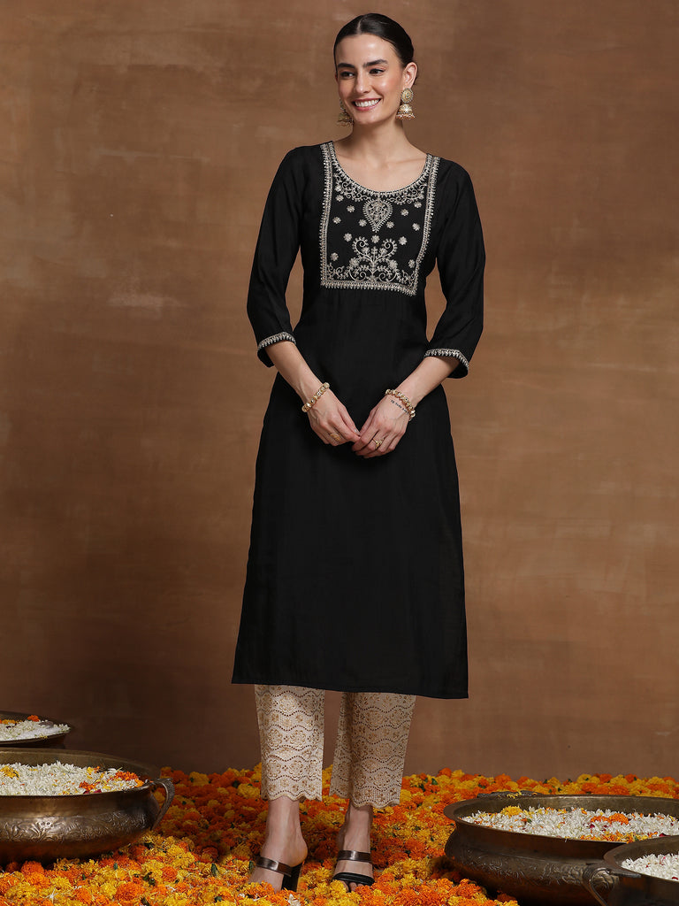 Indo Era Black Embroidered Straight Kurtas - Diva D London LTD