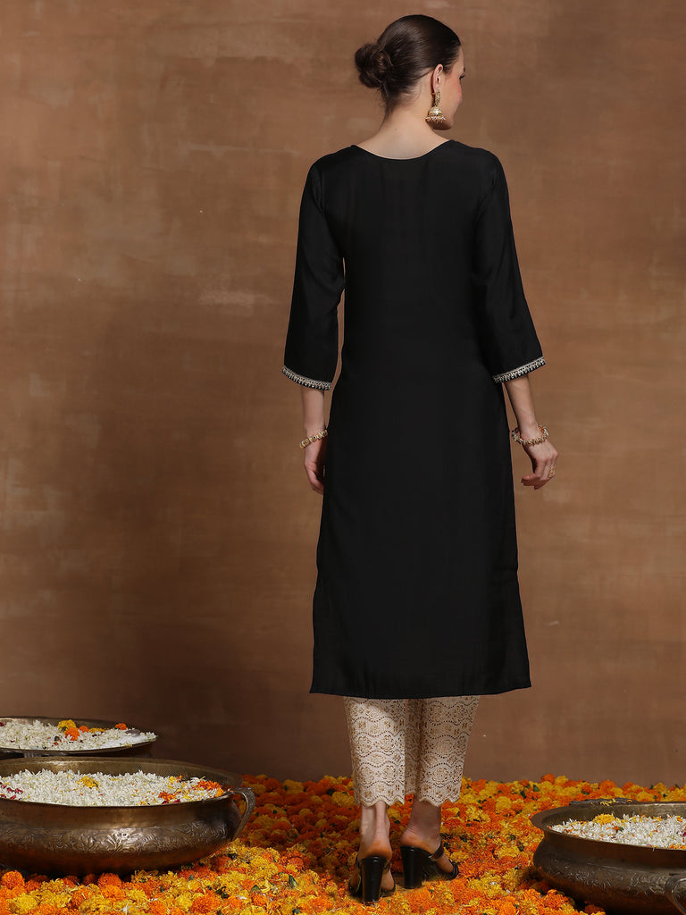 Indo Era Black Embroidered Straight Kurtas - Diva D London LTD