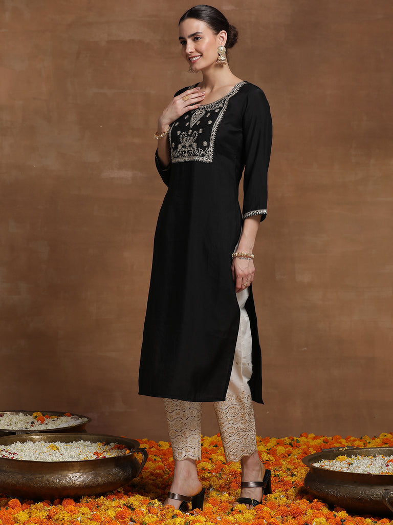 Indo Era Black Embroidered Straight Kurtas - Diva D London LTD