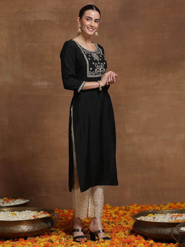 Indo Era Black Embroidered Straight Kurtas - Diva D London LTD