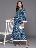 Indo Era Blue Printed A-Line Dresses