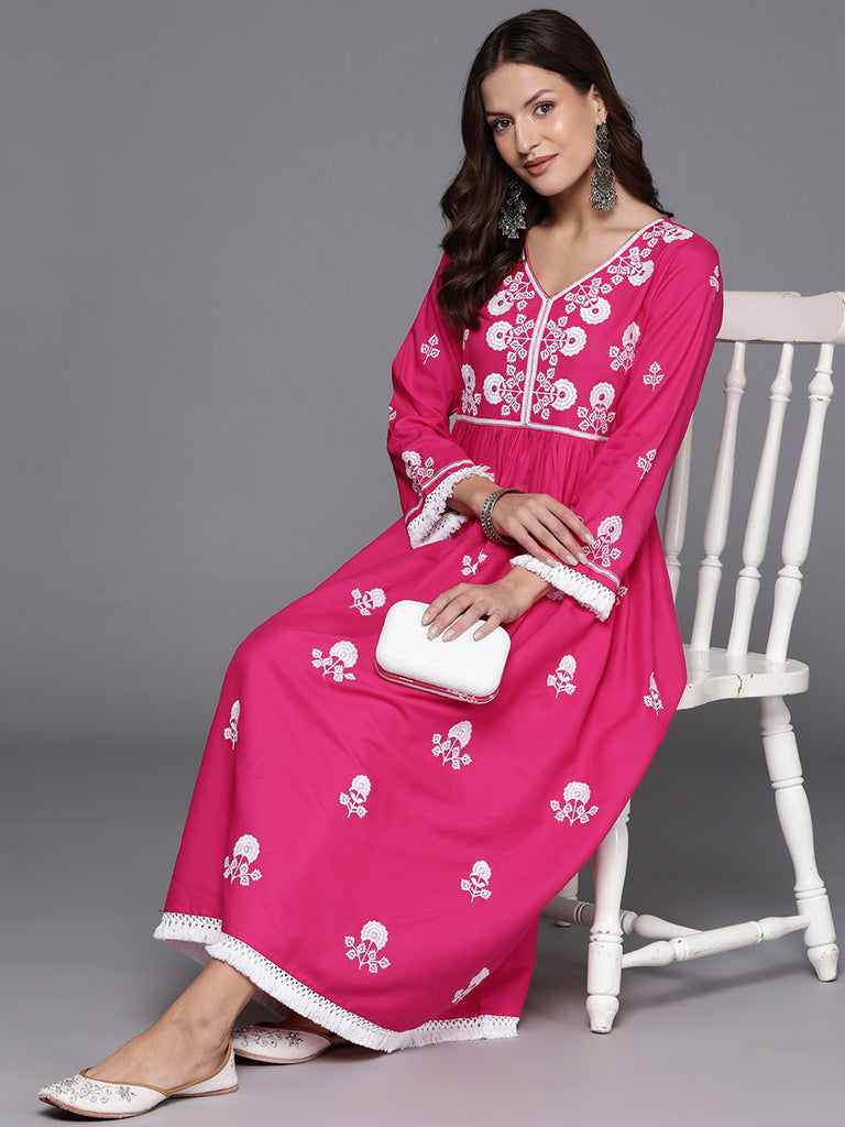 Indo Era Pink Embroidered A-Line Dresses - Diva D London LTD