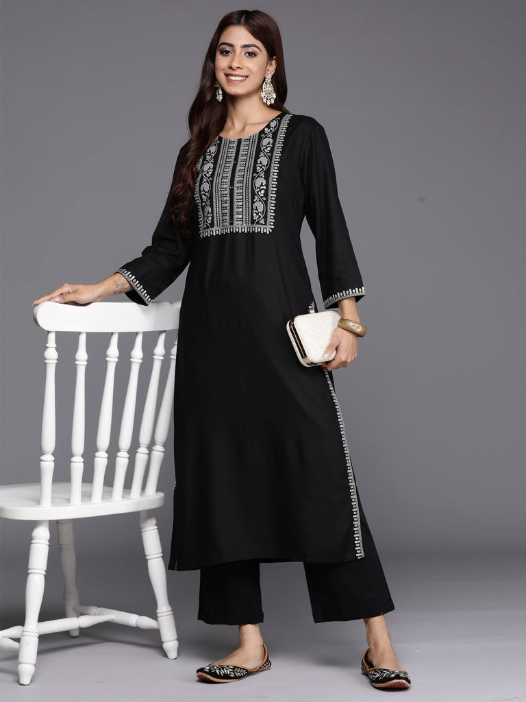 Indo Era Black Embroidered Straight Kurtas