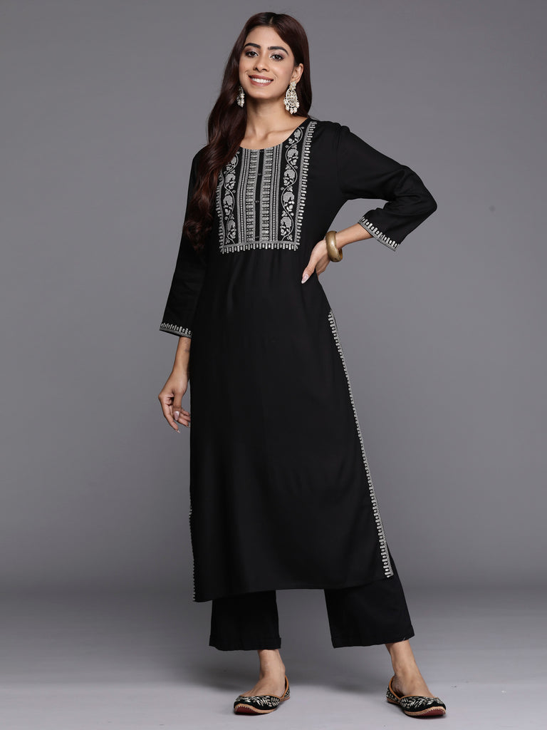 Indo Era Black Embroidered Straight Kurtas