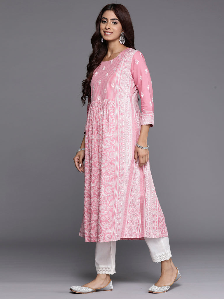 Indo Era Pink Printed A-Line Kurtas
