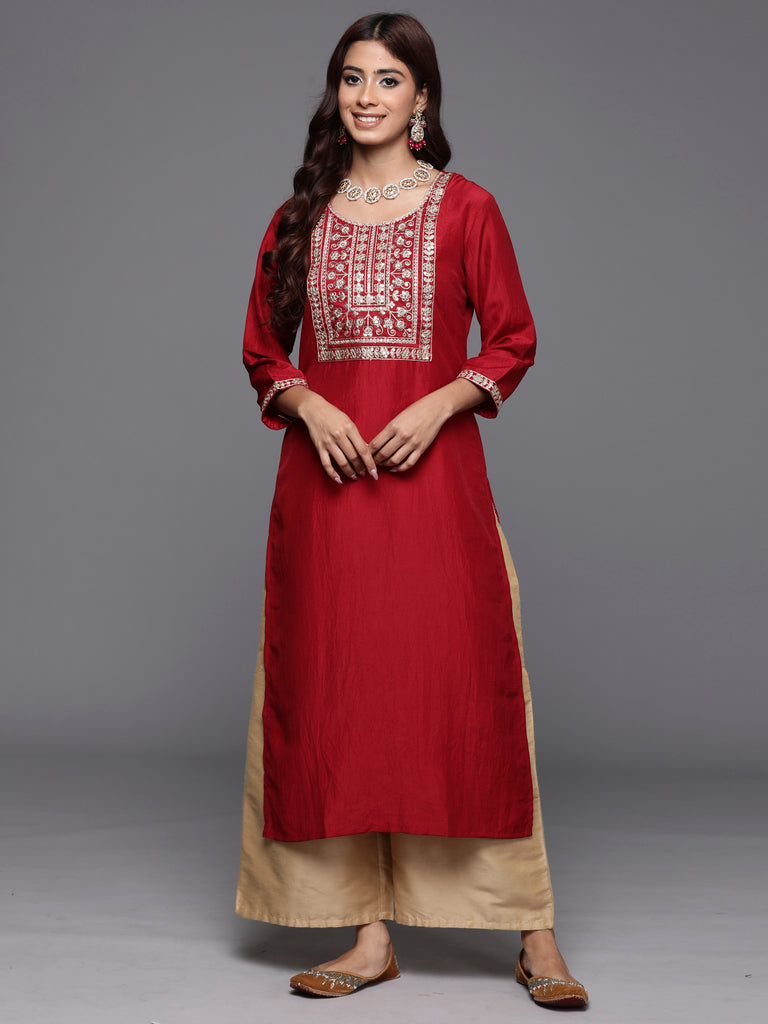 Indo Era Maroon Embroidered Straight Kurtas - Diva D London LTD