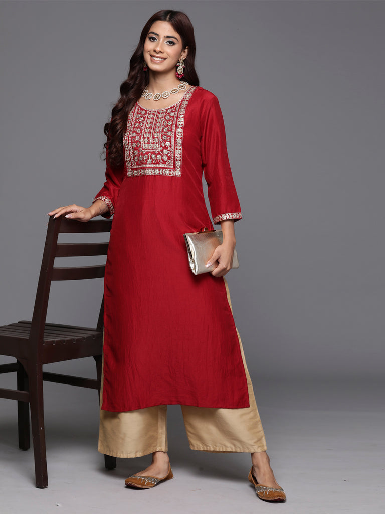 Indo Era Maroon Embroidered Straight Kurtas - Diva D London LTD