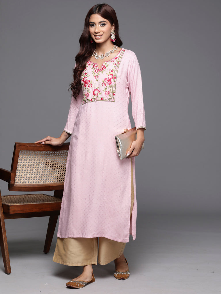 Indo Era Pink Embroidered Straight Kurtas