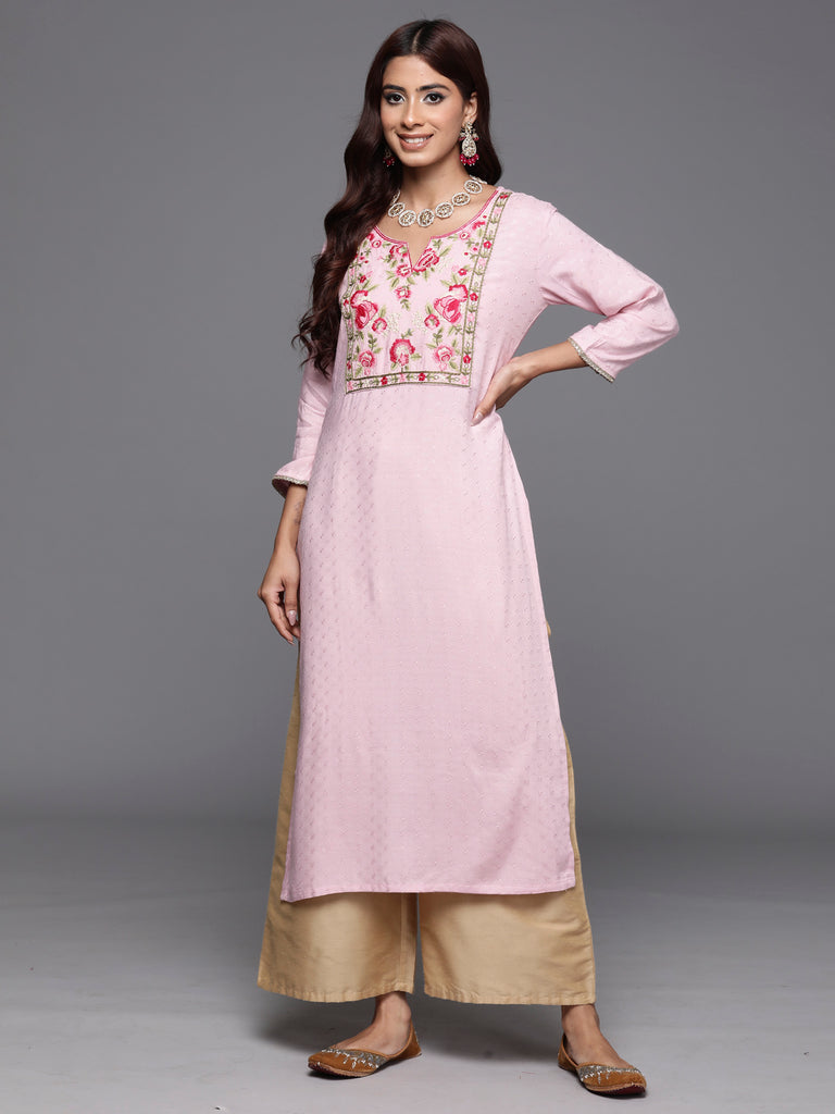 Indo Era Pink Embroidered Straight Kurtas