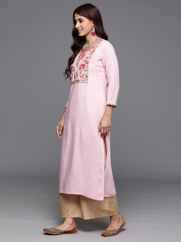 Indo Era Pink Embroidered Straight Kurtas