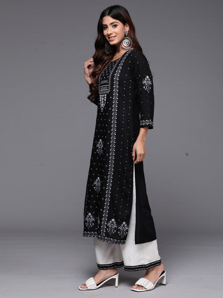 Indo Era Black Printed Straight Kurtas - Diva D London LTD