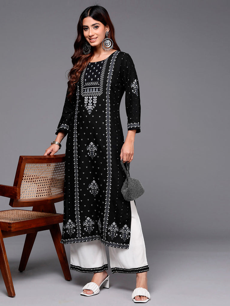 Indo Era Black Printed Straight Kurtas - Diva D London LTD