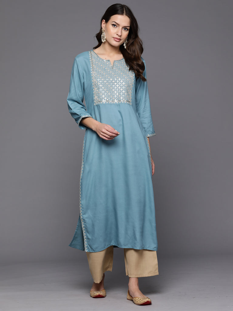 Indo Era Blue Embroidered Straight Kurtas