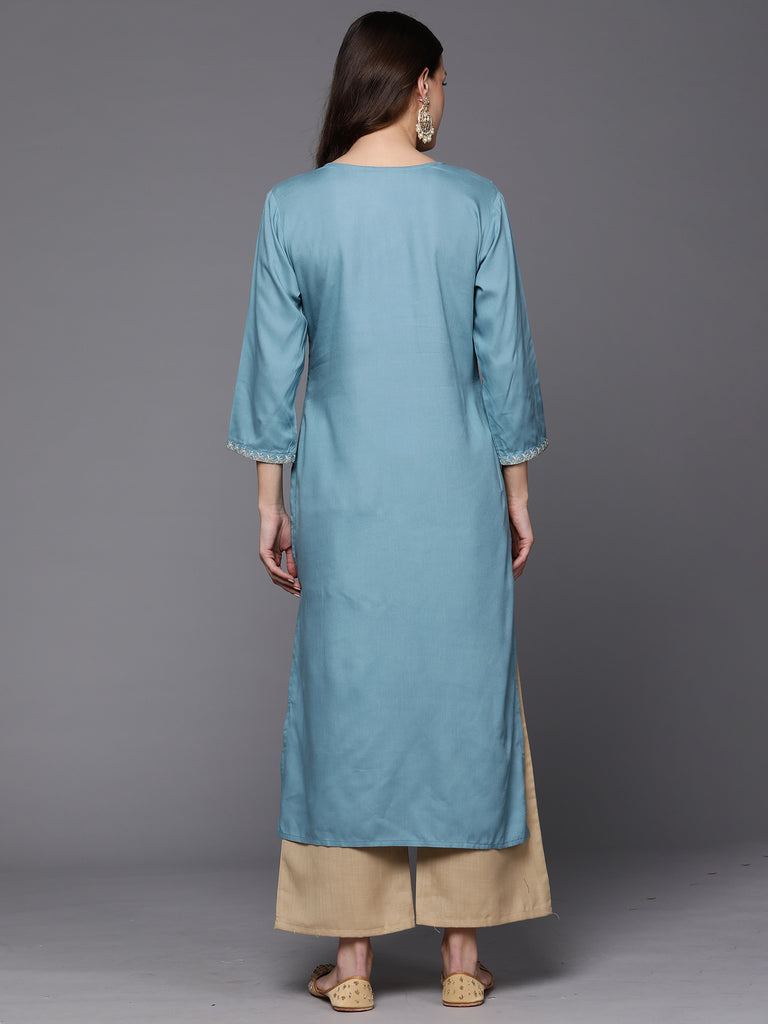 Indo Era Blue Embroidered Straight Kurtas